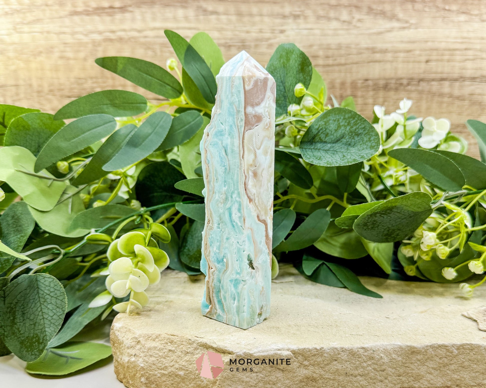 Caribbean Calcite Hemimorphite Tower No. 3 – 5.4″ Sliced & Druzy Crystal Tower | 246 g - Metaphysical Crystals