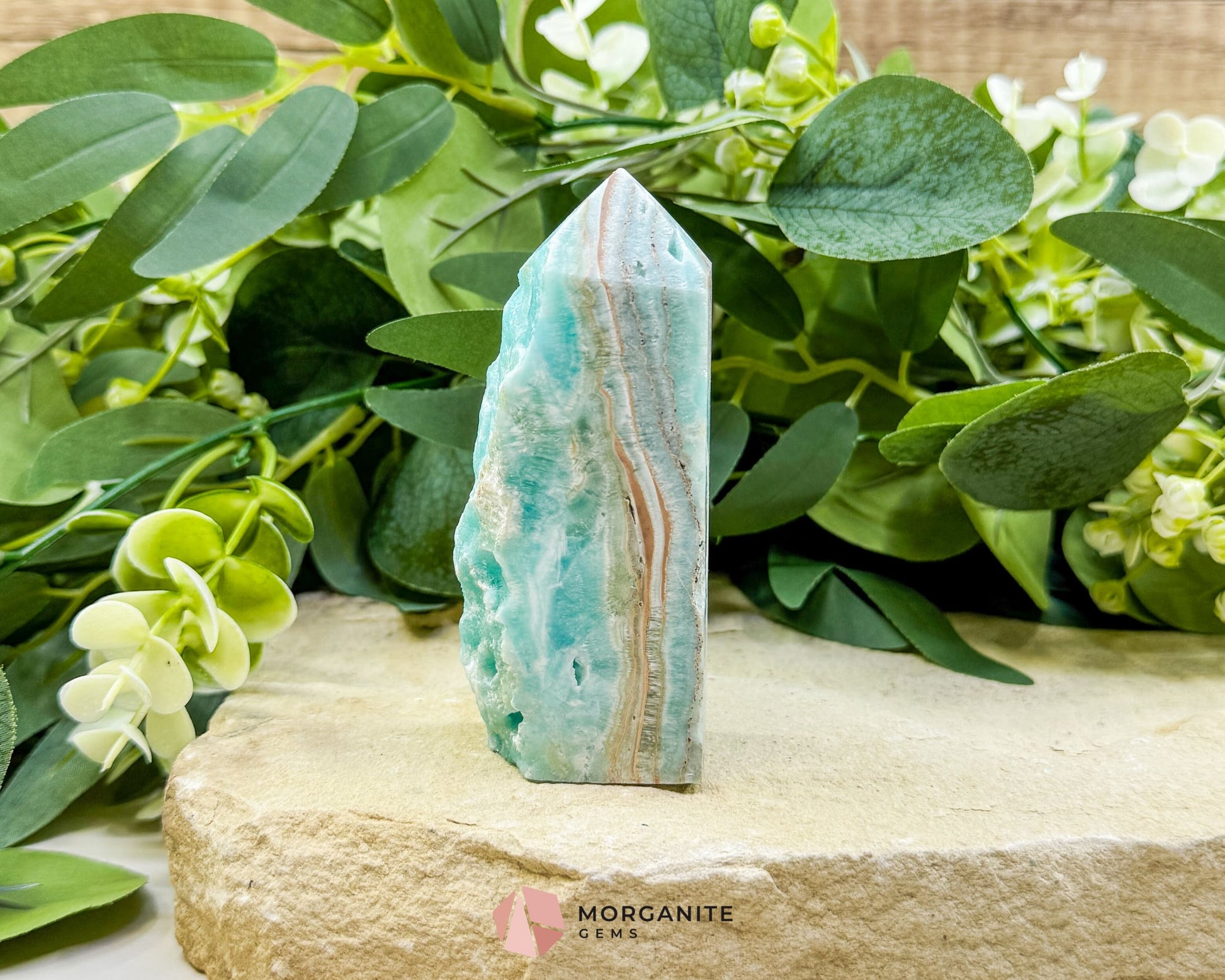 Caribbean Calcite Hemimorphite Tower No. 4 – 3.8″ Sliced & Druzy Crystal Tower | 220 g - Metaphysical Crystals