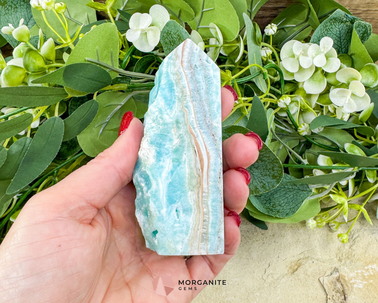 Caribbean Calcite Hemimorphite Tower No. 4 – 3.8″ Sliced & Druzy Crystal Tower | 220 g - Metaphysical Crystals