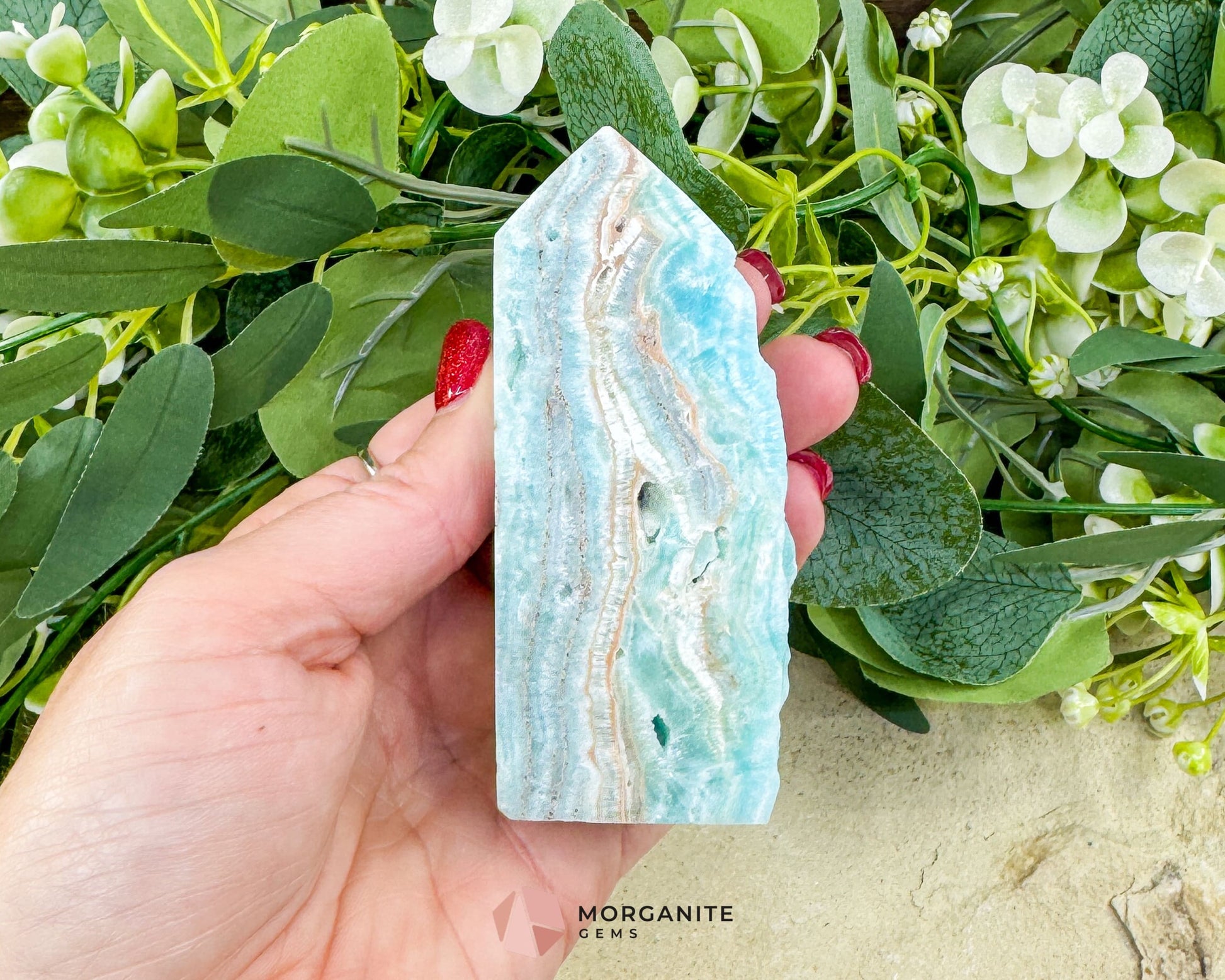 Caribbean Calcite Hemimorphite Tower No. 4 – 3.8″ Sliced & Druzy Crystal Tower | 220 g - Metaphysical Crystals