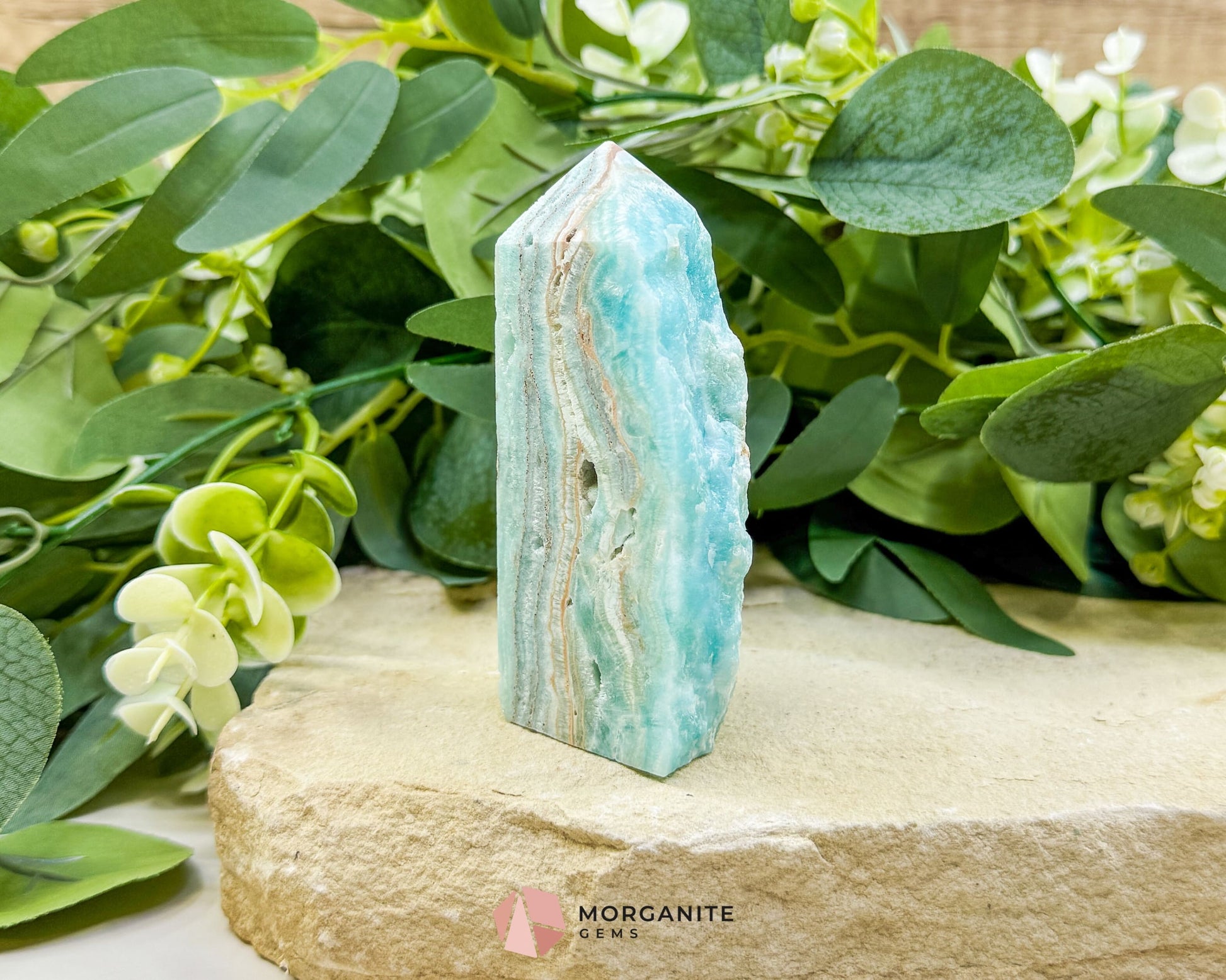 Caribbean Calcite Hemimorphite Tower No. 4 – 3.8″ Sliced & Druzy Crystal Tower | 220 g - Metaphysical Crystals