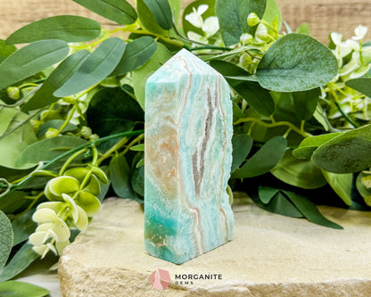 Caribbean Calcite Hemimorphite Tower No. 5 – 4.1″ Sliced & Druzy Crystal Tower | 250 g - Metaphysical Crystals