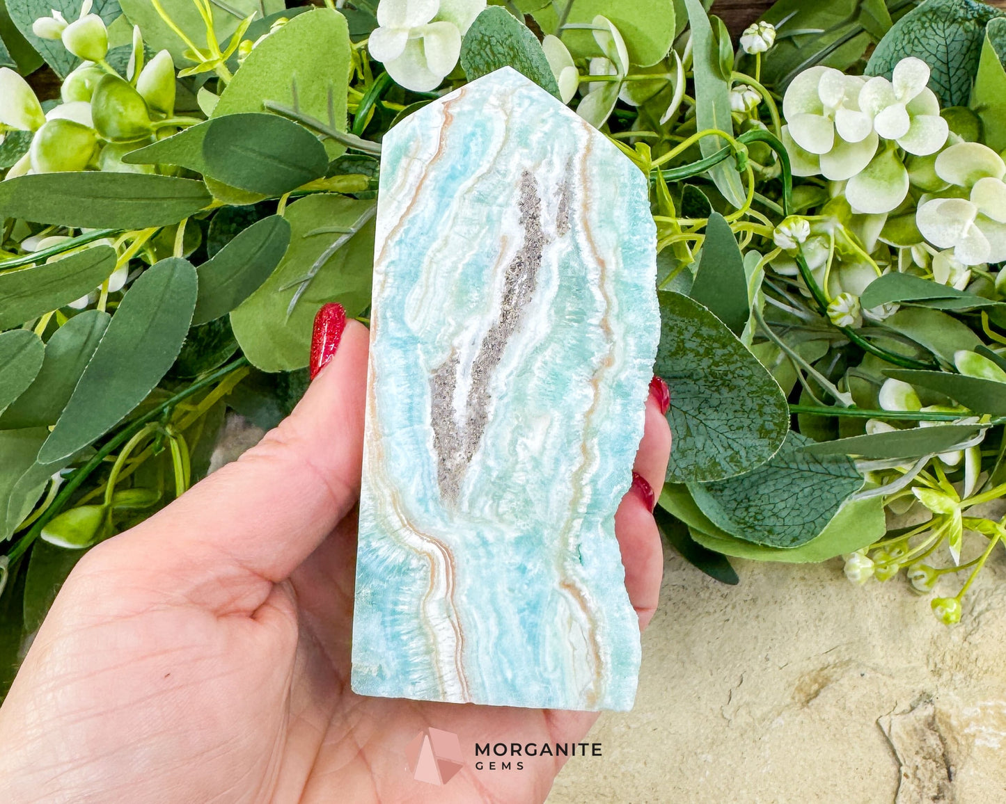 Caribbean Calcite Hemimorphite Tower No. 5 – 4.1″ Sliced & Druzy Crystal Tower | 250 g - Metaphysical Crystals