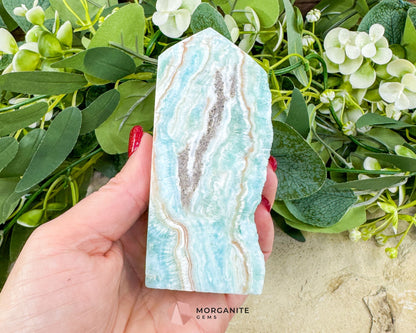 Caribbean Calcite Hemimorphite Tower No. 5 – 4.1″ Sliced & Druzy Crystal Tower | 250 g - Metaphysical Crystals