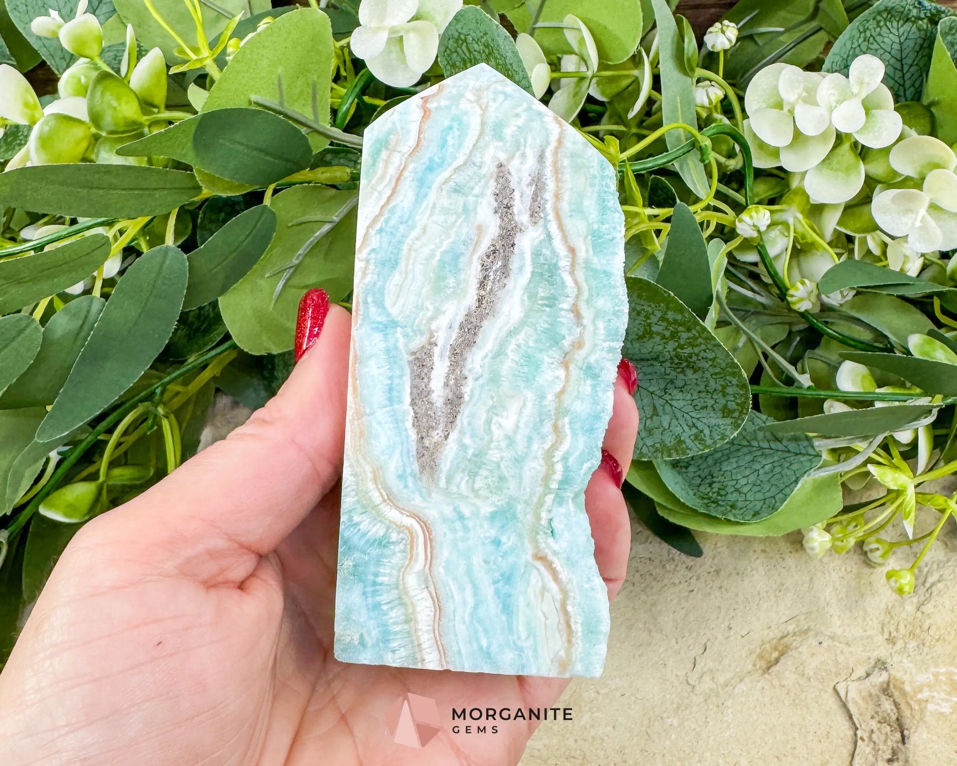 Caribbean Calcite Hemimorphite Tower No. 5 – 4.1″ Sliced & Druzy Crystal Tower | 250 g - Metaphysical Crystals