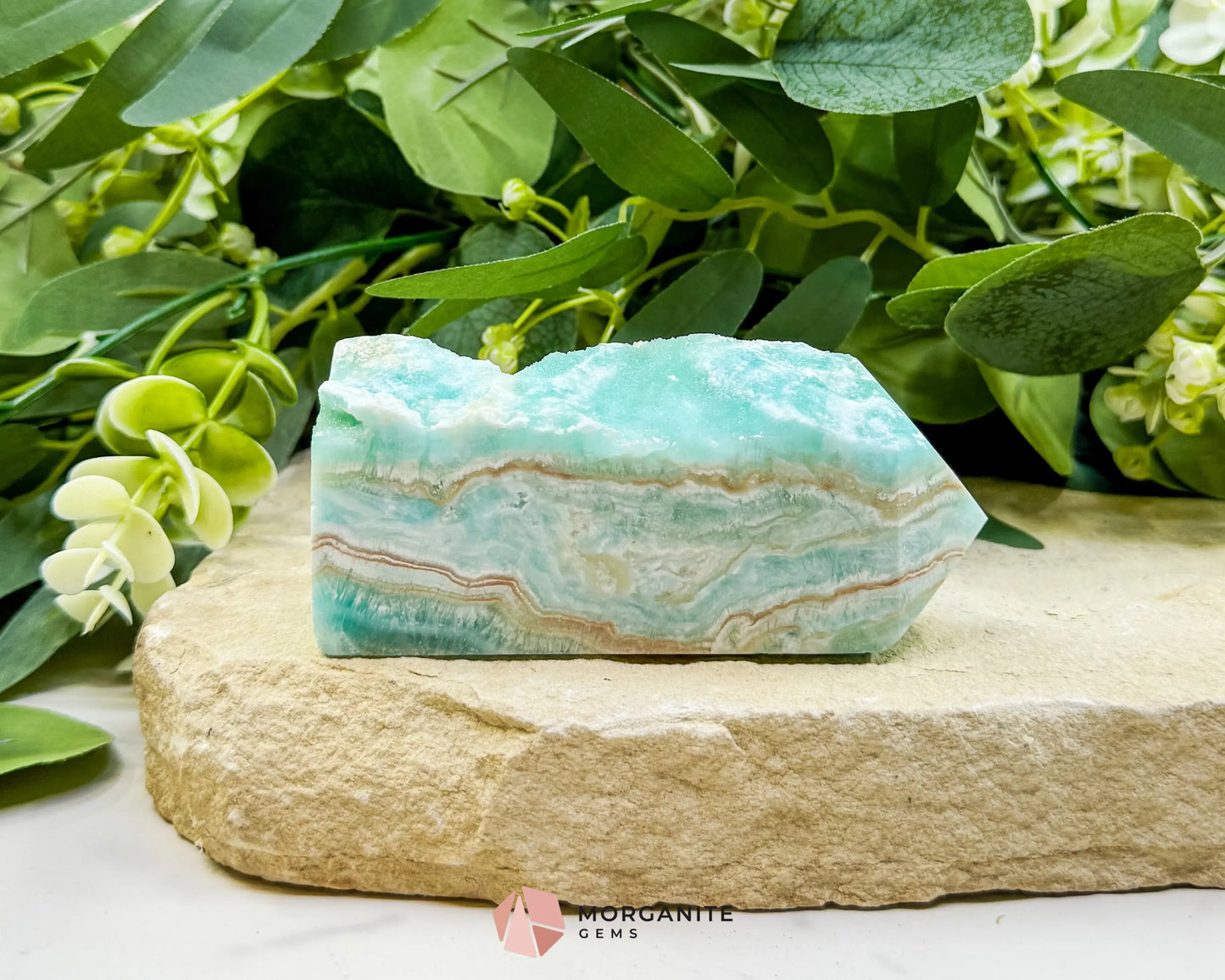 Caribbean Calcite Hemimorphite Tower No. 5 – 4.1″ Sliced & Druzy Crystal Tower | 250 g - Metaphysical Crystals