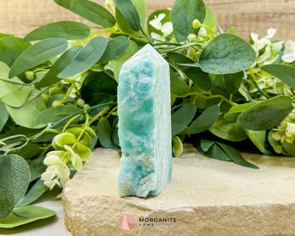 Caribbean Calcite Hemimorphite Tower No. 5 – 4.1″ Sliced & Druzy Crystal Tower | 250 g - Metaphysical Crystals