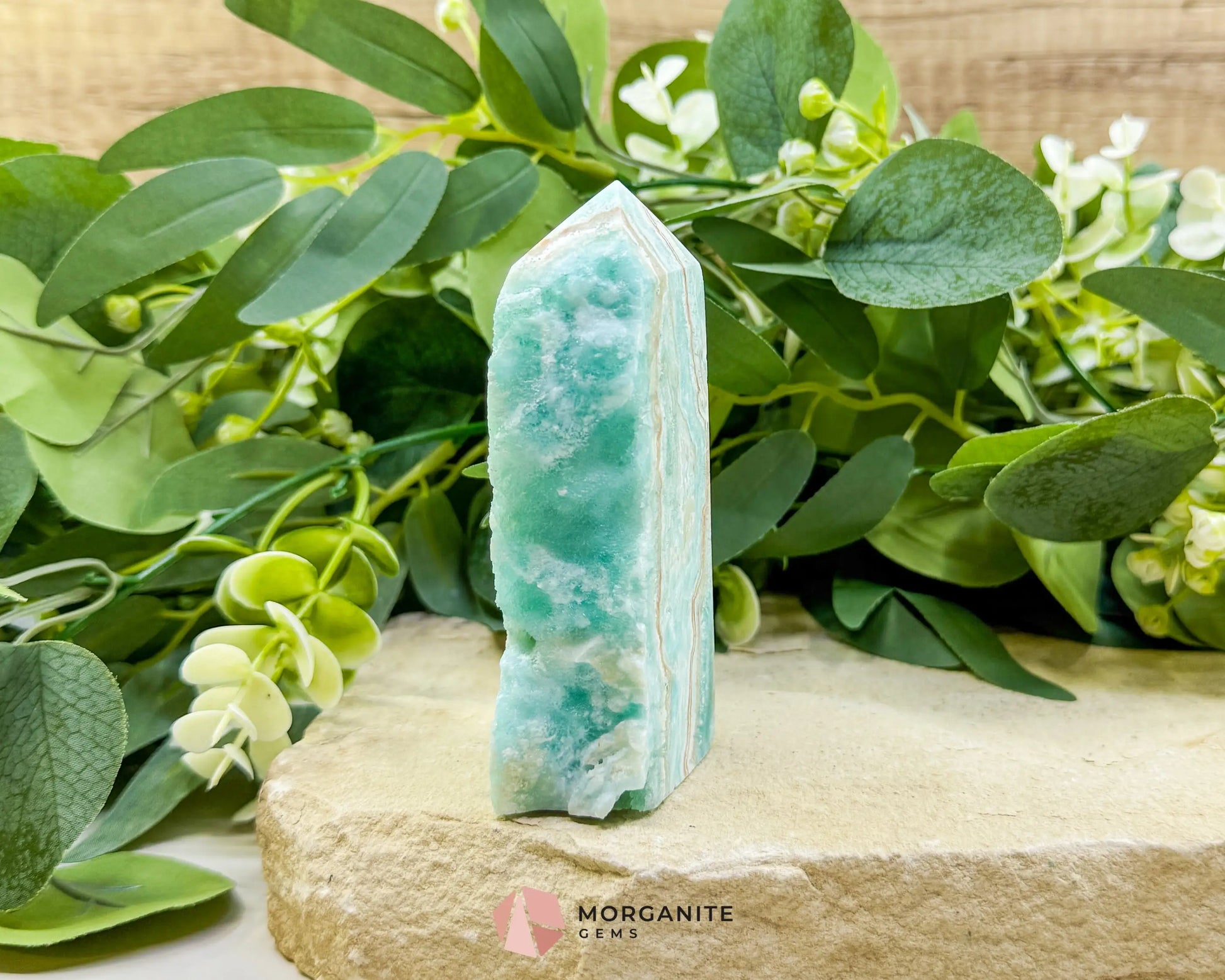 Caribbean Calcite Hemimorphite Tower No. 5 – 4.1″ Sliced & Druzy Crystal Tower | 250 g - Metaphysical Crystals