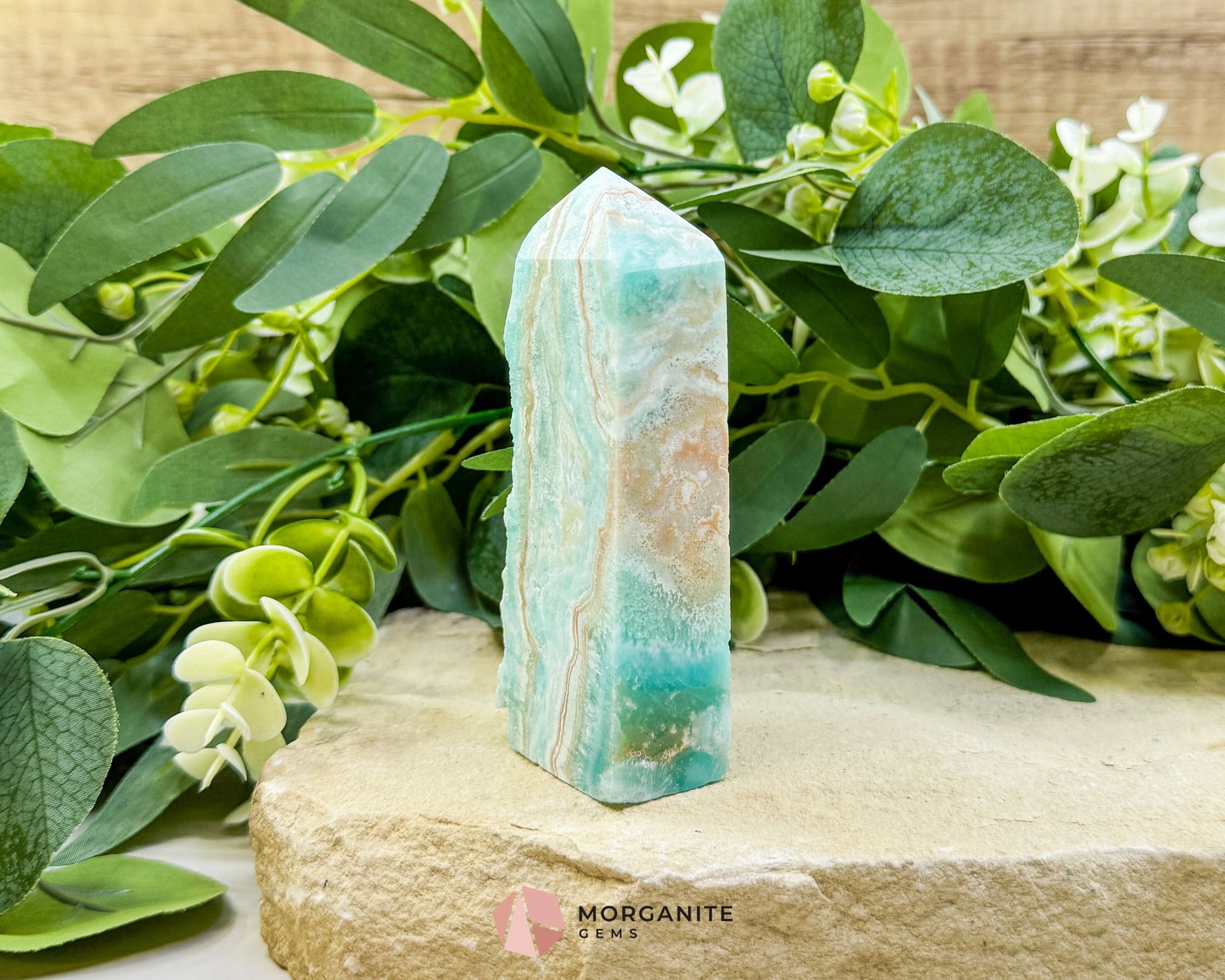 Caribbean Calcite Hemimorphite Tower No. 5 – 4.1″ Sliced & Druzy Crystal Tower | 250 g - Metaphysical Crystals