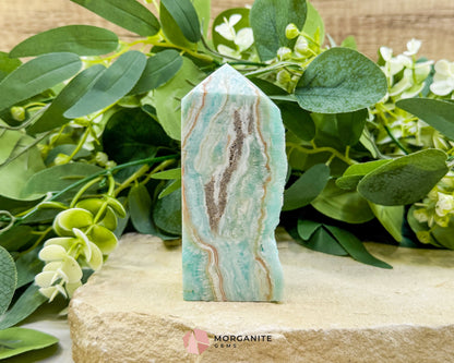 Caribbean Calcite Hemimorphite Tower No. 5 – 4.1″ Sliced & Druzy Crystal Tower | 250 g - Metaphysical Crystals