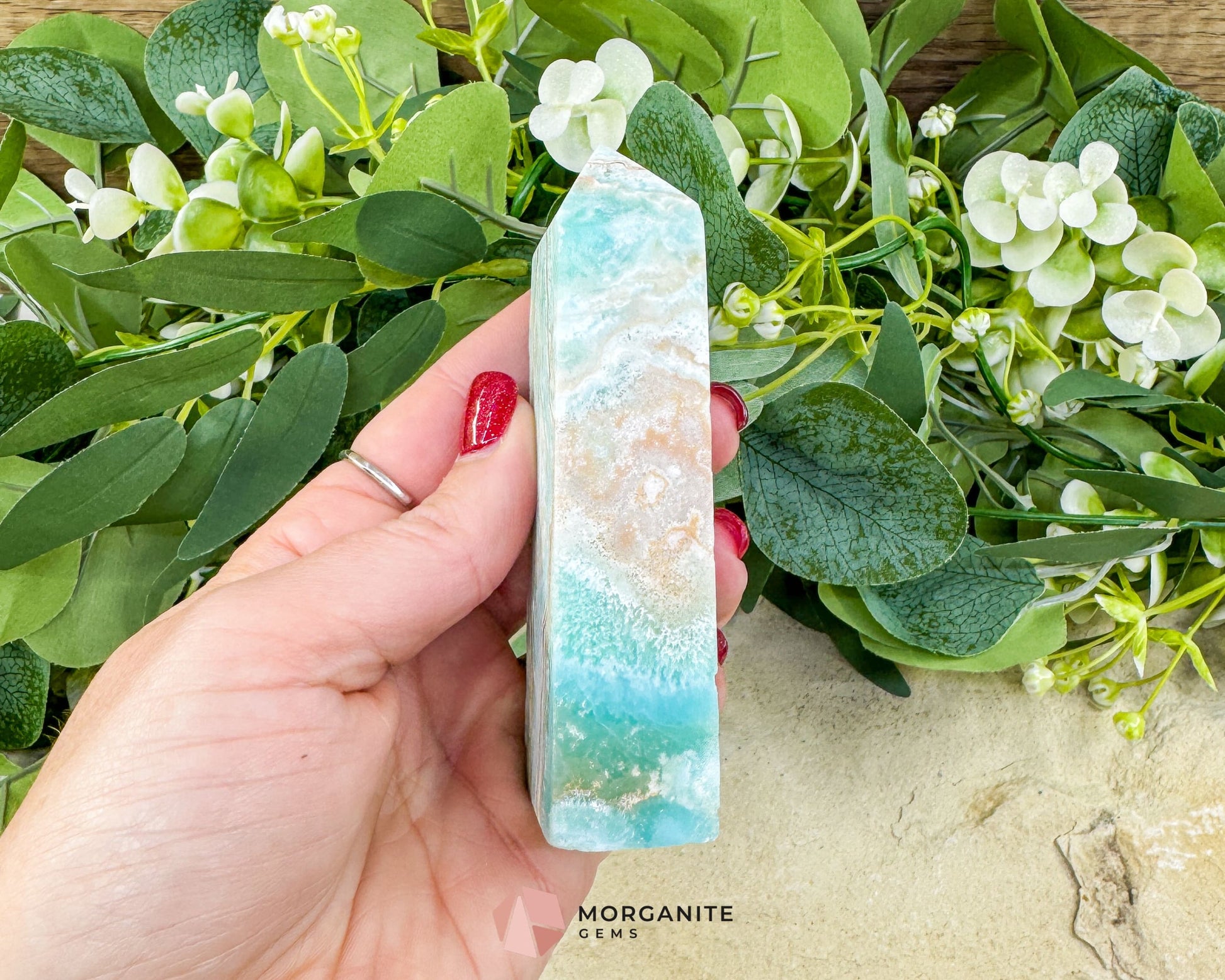 Caribbean Calcite Hemimorphite Tower No. 5 – 4.1″ Sliced & Druzy Crystal Tower | 250 g - Metaphysical Crystals