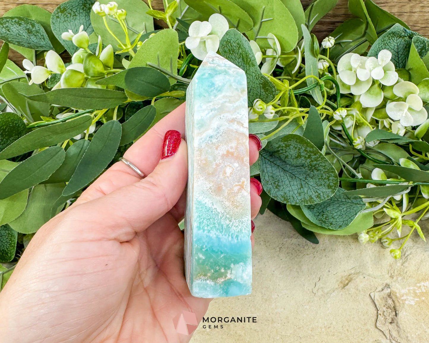 Caribbean Calcite Hemimorphite Tower No. 5 – 4.1″ Sliced & Druzy Crystal Tower | 250 g - Metaphysical Crystals