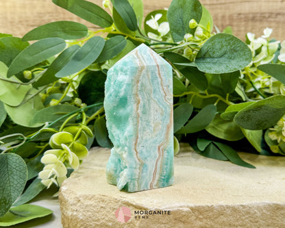 Caribbean Calcite Hemimorphite Tower No. 5 – 4.1″ Sliced & Druzy Crystal Tower | 250 g - Metaphysical Crystals