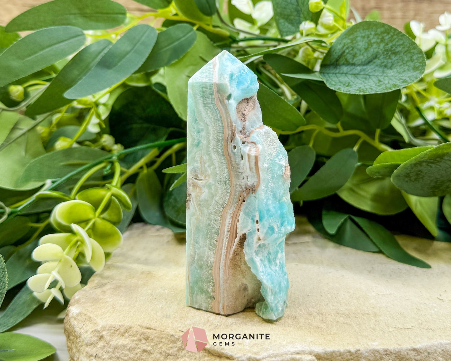 Caribbean Calcite Hemimorphite Tower No. 6 – 3.9″ Sliced & Druzy Crystal Tower | 152 g - Metaphysical Crystals