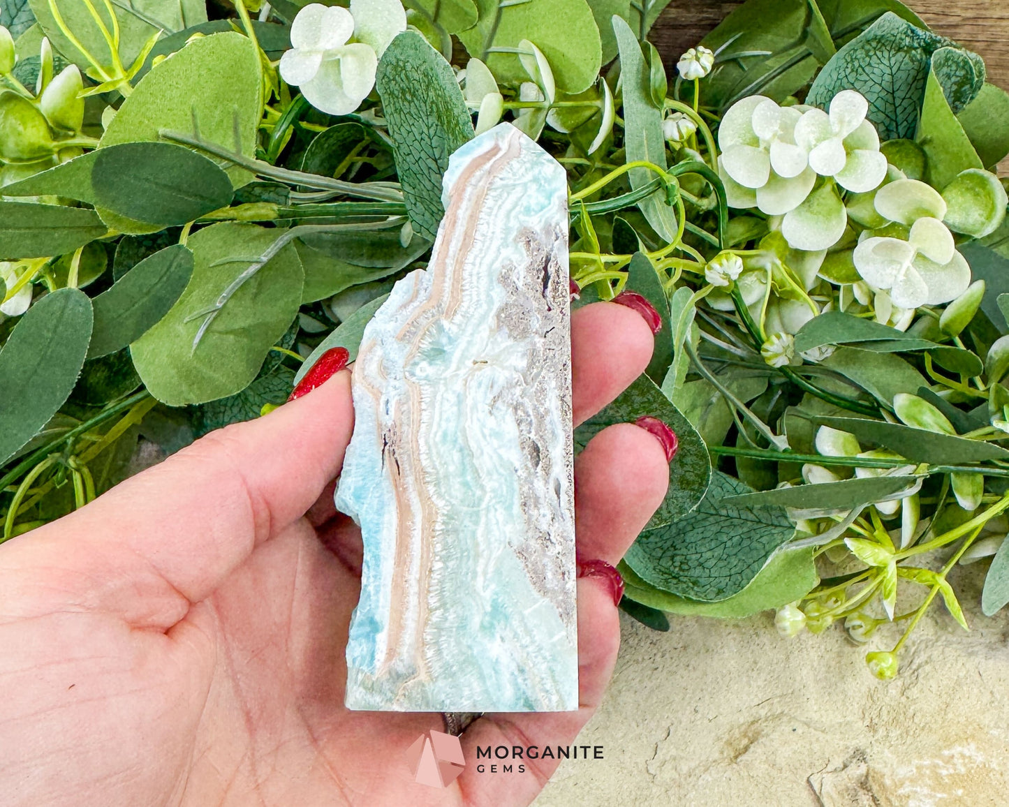 Caribbean Calcite Hemimorphite Tower No. 6 – 3.9″ Sliced & Druzy Crystal Tower | 152 g - Metaphysical Crystals