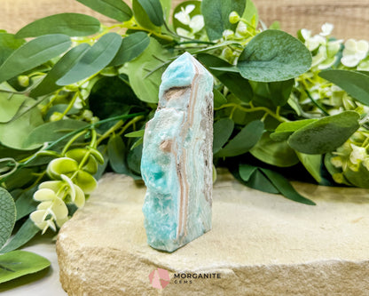 Caribbean Calcite Hemimorphite Tower No. 6 – 3.9″ Sliced & Druzy Crystal Tower | 152 g - Metaphysical Crystals