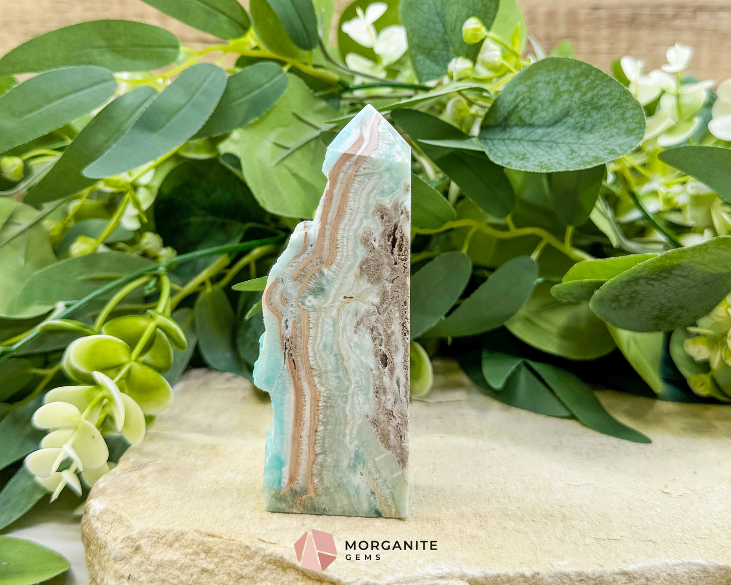 Caribbean Calcite Hemimorphite Tower No. 6 – 3.9″ Sliced & Druzy Crystal Tower | 152 g - Metaphysical Crystals