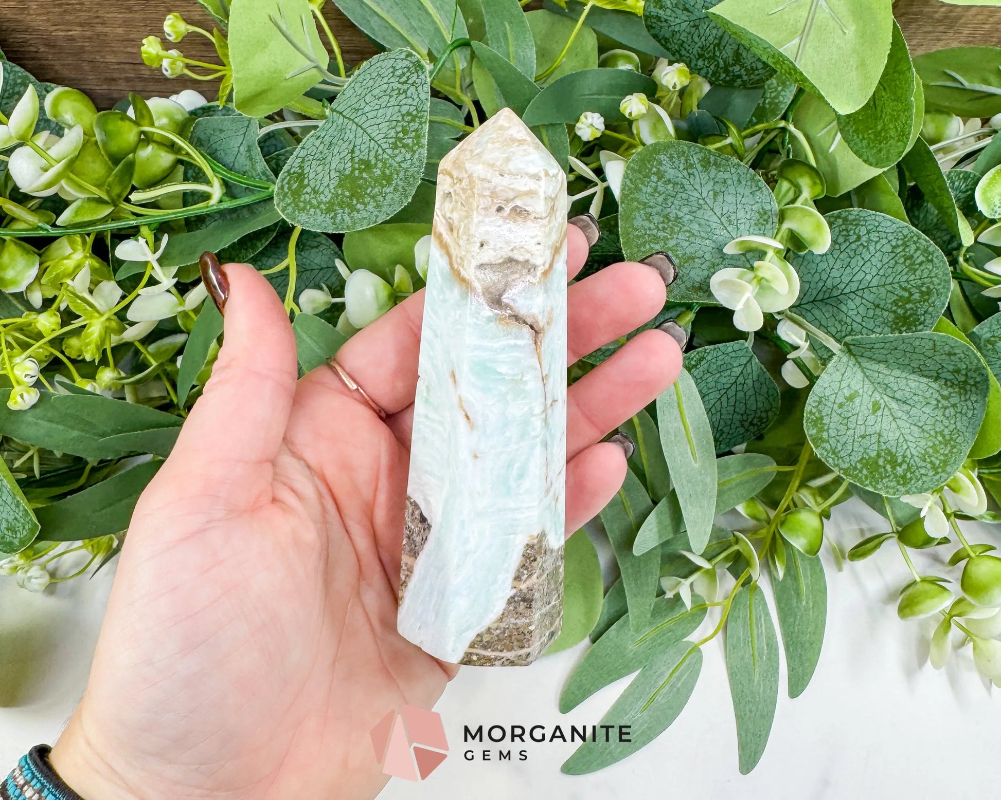 Caribbean Calcite Hexagonal Tower No. 1 – Polished Blue Calcite & Aragonite Point for Calm & Third Eye Activation