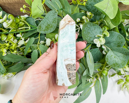 Caribbean Calcite Hexagonal Tower No. 1 – Polished Blue Calcite & Aragonite Point for Calm & Third Eye Activation