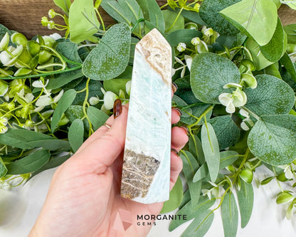 Caribbean Calcite Hexagonal Tower No. 1 – Polished Blue Calcite & Aragonite Point for Calm & Third Eye Activation