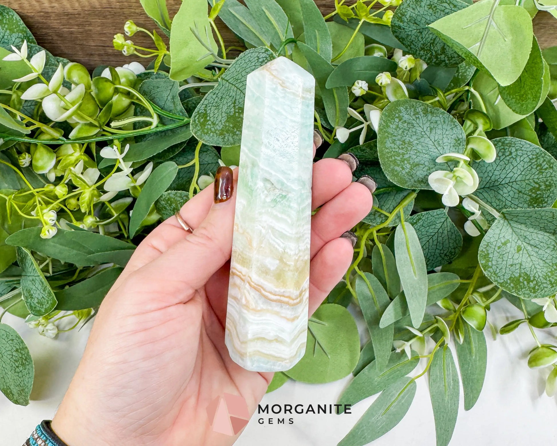 Caribbean Calcite Hexagonal Tower No. 2 – Polished Blue Calcite & Aragonite Point for Calm & Third Eye Activation