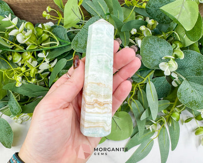 Caribbean Calcite Hexagonal Tower No. 2 – Polished Blue Calcite & Aragonite Point for Calm & Third Eye Activation