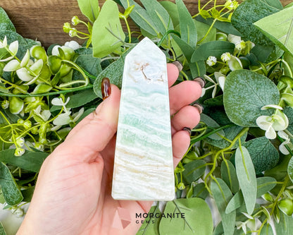 Caribbean Calcite Obelisk Tower No. 2 – Polished Blue Calcite & Aragonite Standing Point for Calm & Third Eye