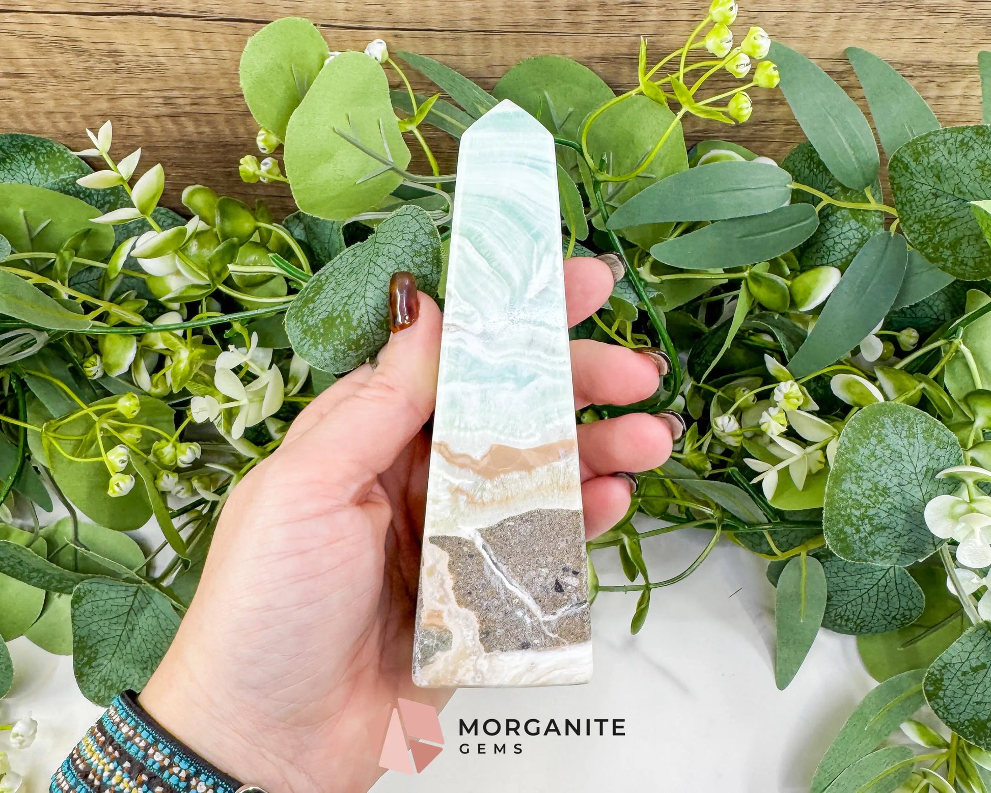 Caribbean Calcite Obelisk Tower No. 5 – Polished Blue Calcite & Aragonite Standing Point for Calm & Third Eye