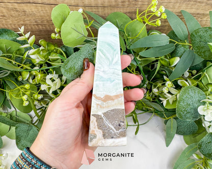 Caribbean Calcite Obelisk Tower No. 5 – Polished Blue Calcite & Aragonite Standing Point for Calm & Third Eye