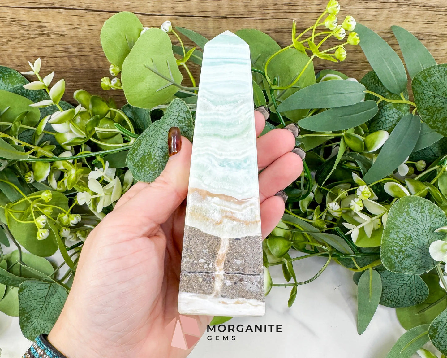 Caribbean Calcite Obelisk Tower No. 5 – Polished Blue Calcite & Aragonite Standing Point for Calm & Third Eye