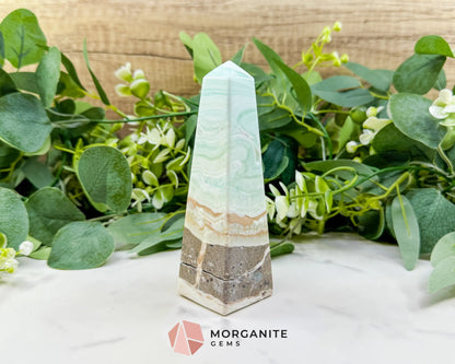 Caribbean Calcite Obelisk Tower No. 5 – Polished Blue Calcite & Aragonite Standing Point for Calm & Third Eye