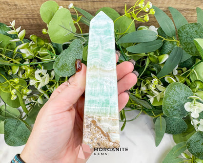 Caribbean Calcite Obelisk Tower No. 6 – Polished Blue Calcite & Aragonite Standing Point for Calm & Third Eye