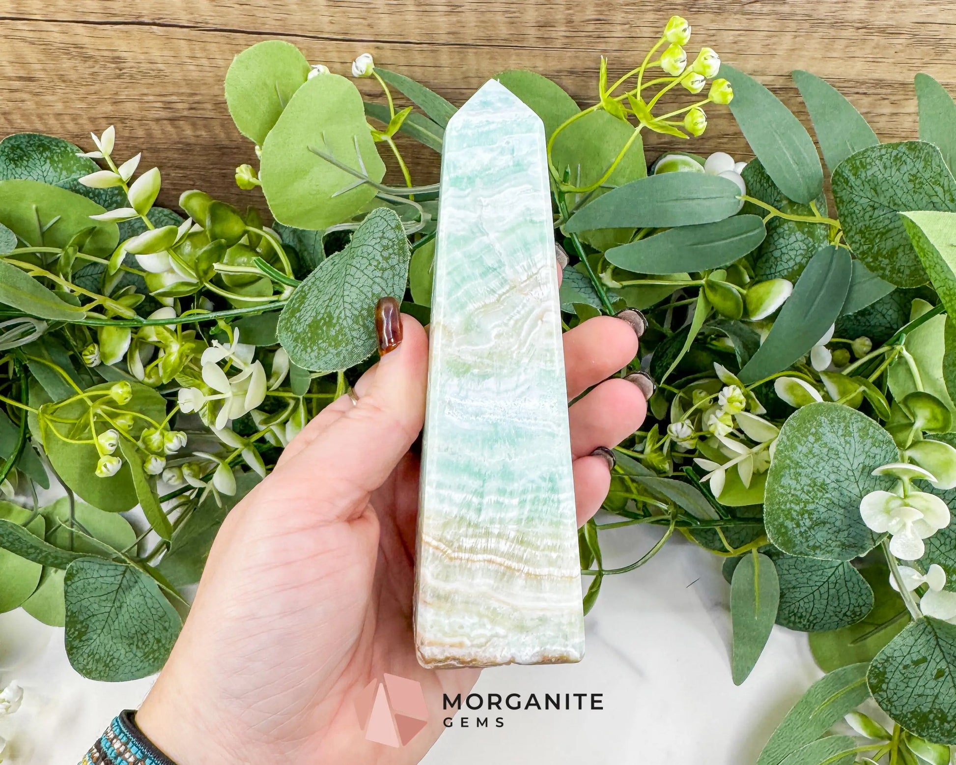 Caribbean Calcite Obelisk Tower No. 6 – Polished Blue Calcite & Aragonite Standing Point for Calm & Third Eye