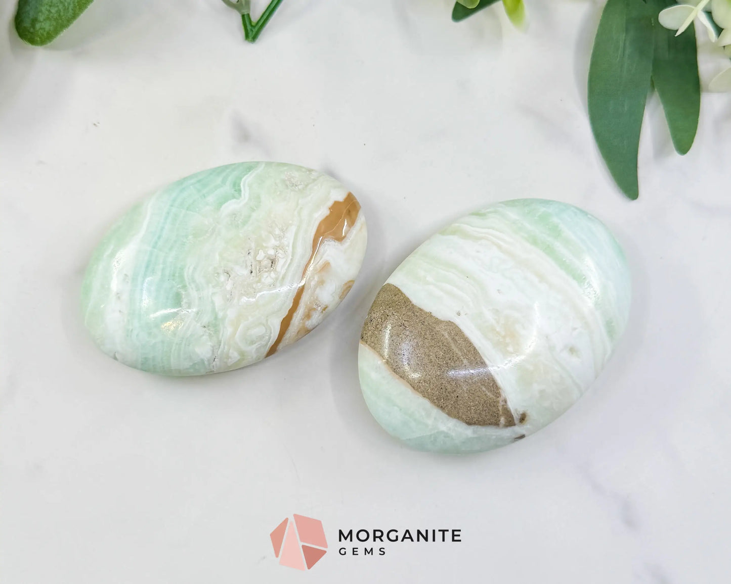 Caribbean Calcite Palm Stone – Polished Blue Calcite & Aragonite Worry Stone for Anxiety Relief & Third Eye Activation