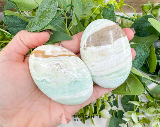 Caribbean Calcite Palm Stone – Polished Blue Calcite & Aragonite Worry Stone for Anxiety Relief & Third Eye Activation
