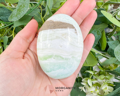 Caribbean Calcite Palm Stone – Polished Blue Calcite & Aragonite Worry Stone for Anxiety Relief & Third Eye Activation