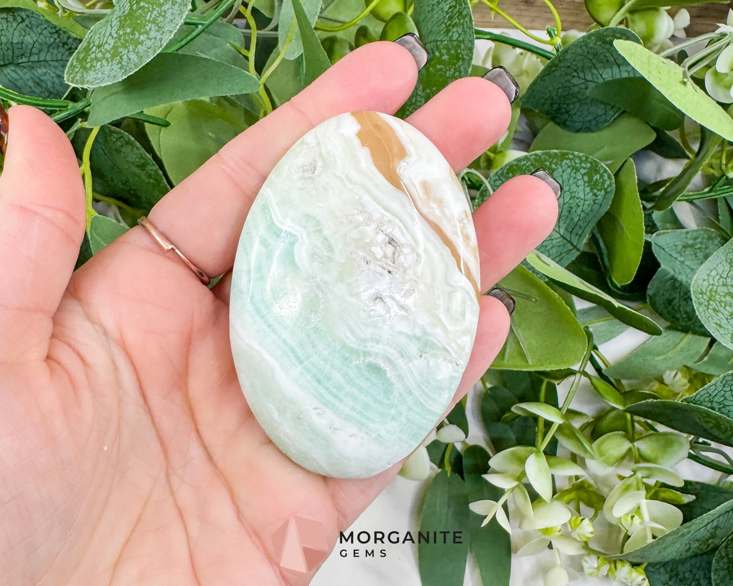 Caribbean Calcite Palm Stone – Polished Blue Calcite & Aragonite Worry Stone for Anxiety Relief & Third Eye Activation