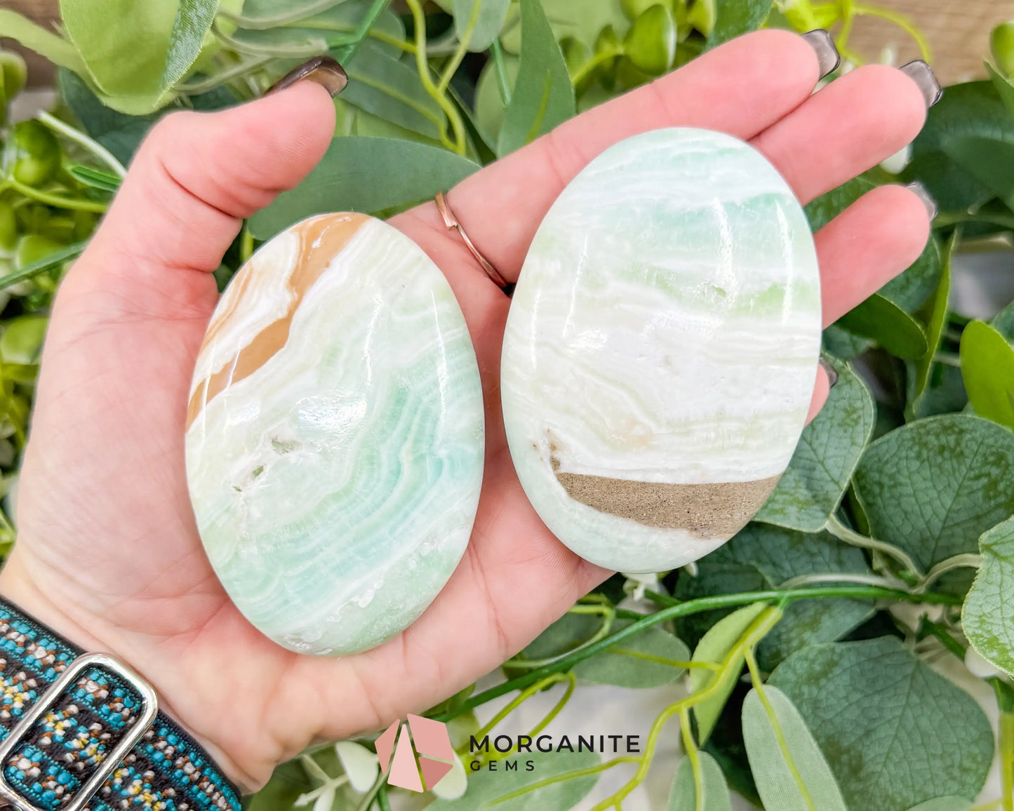Caribbean Calcite Palm Stone – Polished Blue Calcite & Aragonite Worry Stone for Anxiety Relief & Third Eye Activation