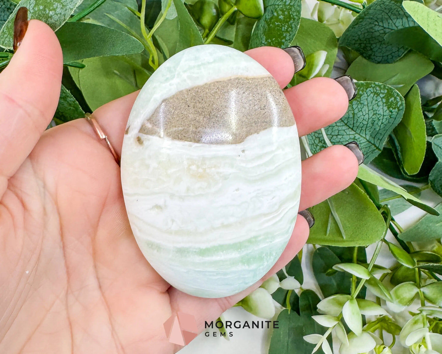 Caribbean Calcite Palm Stone – Polished Blue Calcite & Aragonite Worry Stone for Anxiety Relief & Third Eye Activation