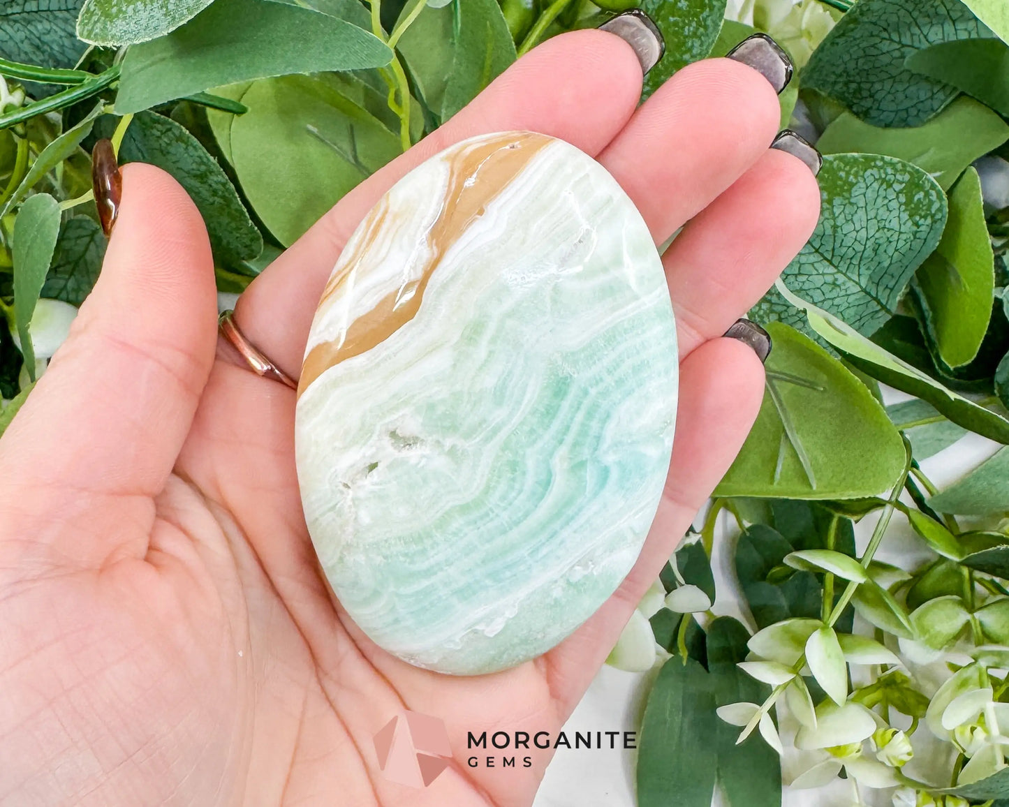 Caribbean Calcite Palm Stone – Polished Blue Calcite & Aragonite Worry Stone for Anxiety Relief & Third Eye Activation