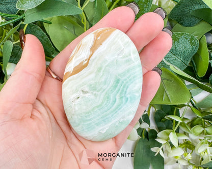 Caribbean Calcite Palm Stone – Polished Blue Calcite & Aragonite Worry Stone for Anxiety Relief & Third Eye Activation