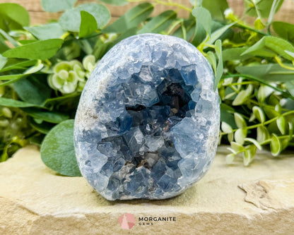 Celestite Geode Druzy Crystal Egg No. 2 – 4’’ x 3.7’’ x 2.2’’ | 1272 g Sky Blue Egg for Meditation Healing Decor