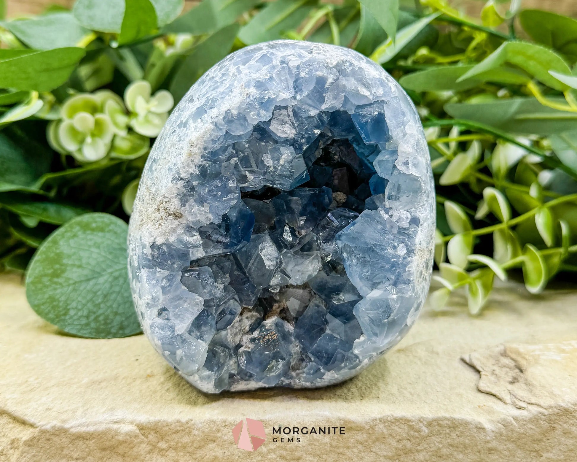 Celestite Geode Druzy Crystal Egg No. 2 – 4’’ x 3.7’’ x 2.2’’ | 1272 g Sky Blue Egg for Meditation Healing Decor