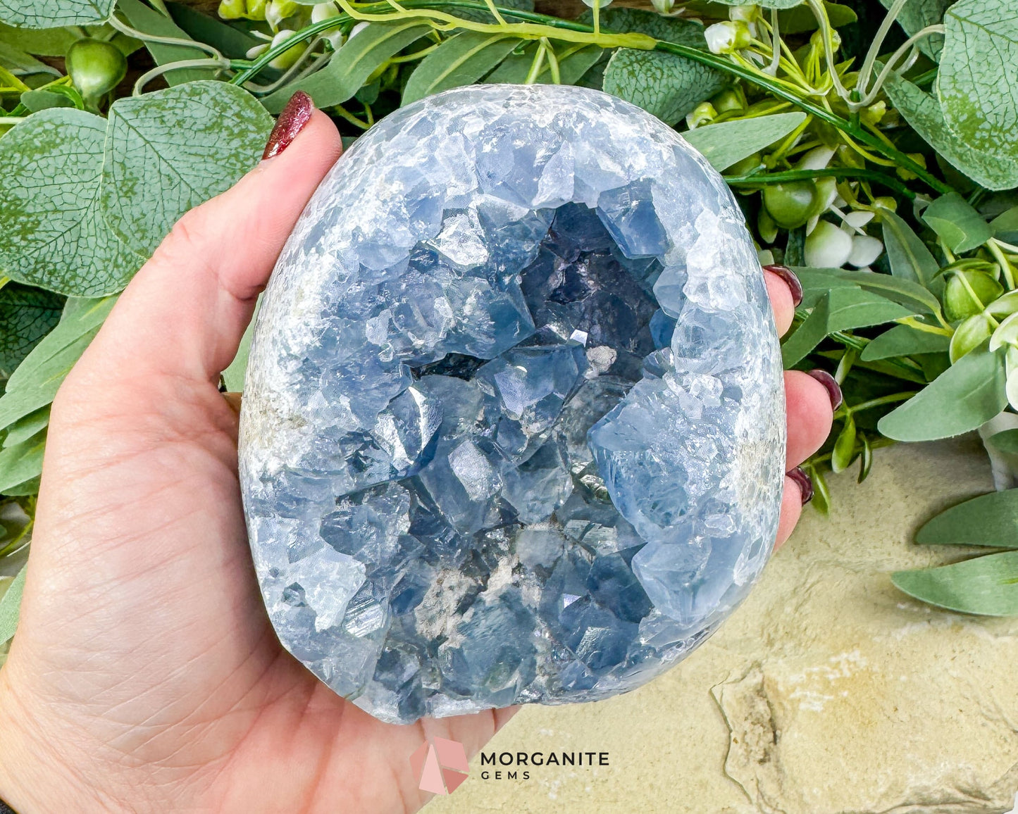 Celestite Geode Druzy Crystal Egg No. 2 – 4’’ x 3.7’’ x 2.2’’ | 1272 g Sky Blue Egg for Meditation Healing Decor
