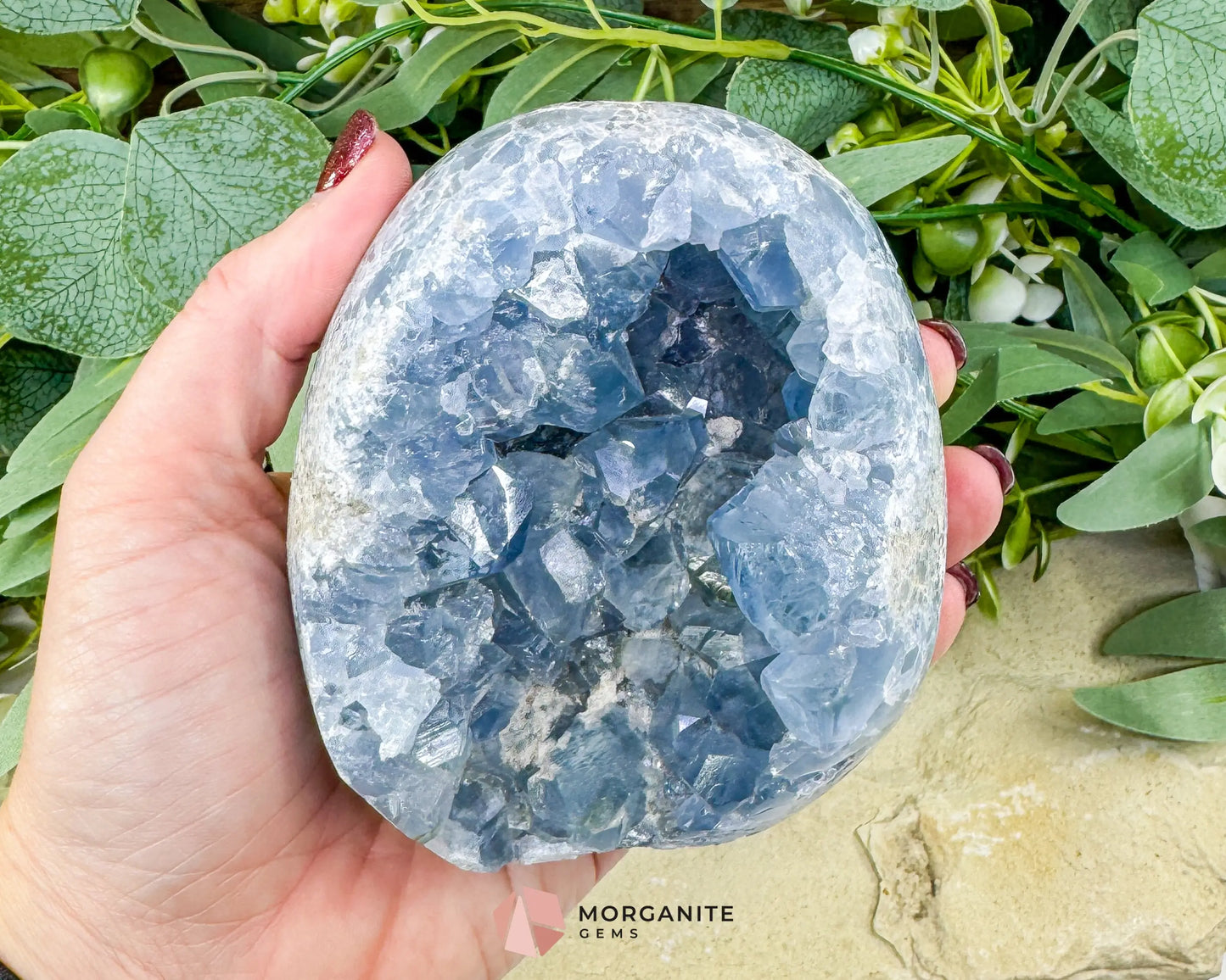 Celestite Geode Druzy Crystal Egg No. 2 – 4’’ x 3.7’’ x 2.2’’ | 1272 g Sky Blue Egg for Meditation Healing Decor