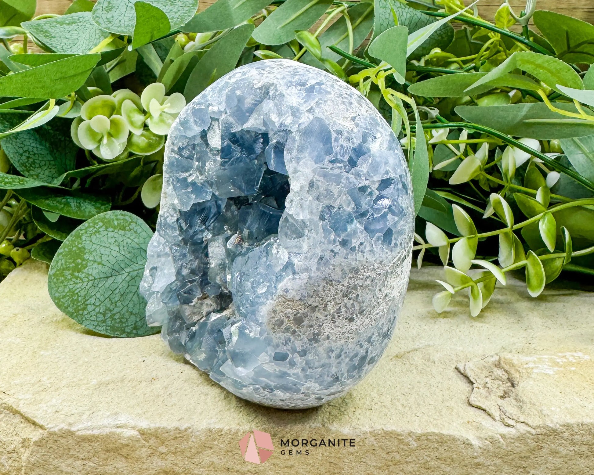 Celestite Geode Druzy Crystal Egg No. 2 – 4’’ x 3.7’’ x 2.2’’ | 1272 g Sky Blue Egg for Meditation Healing Decor