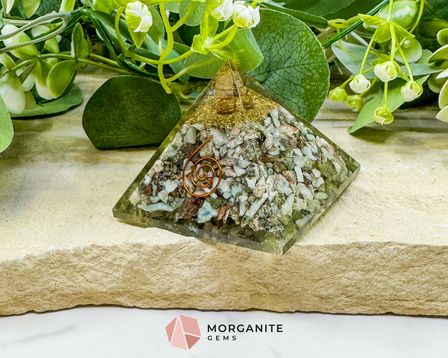Chrysoprase Orgonite Pyramid with Clear Quartz Point – Heart‑Healing & Energy‑Balancing Crystal Pyramid - Metaphysical