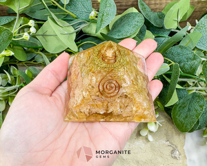 Citrine Orgonite Pyramid with Clear Quartz Point – Joy Abundance & Manifestation Tool (2.7’’) - Metaphysical Crystals
