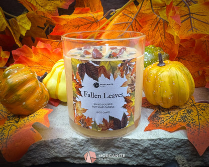 Fallen Leaves Candle – 8 oz Autumn Scented Soy Candle with Crystals & Dried Leaves | Cinnamon Apple Citrus | Fall Decor