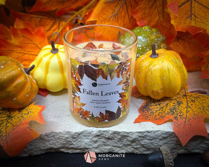 6 oz Fallen Leaves Candle – Autumn Soy Candle with Crystals & Dried Leaves | Apple Berry Fall Scent | Cozy Gift Idea